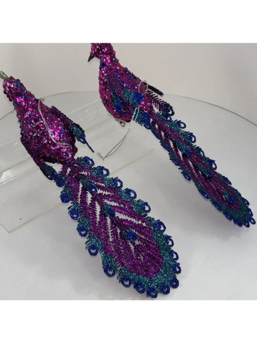 Blue Violet Glitter Peacock 10” Christmas Tree Ornaments Clip On Set Of 2